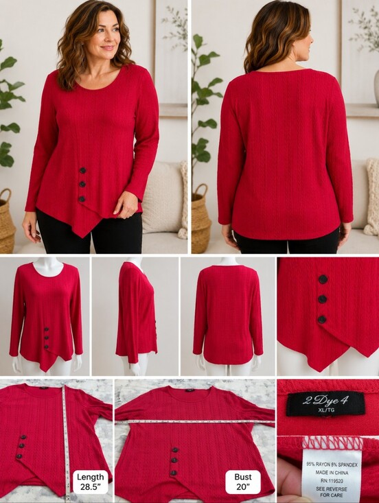 2 Dye 4 Tops - Size XL Women's2 Dye 4 Red Button-Detail Sweater Top